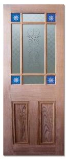 Pitch pine door with etched glass and enamel stars